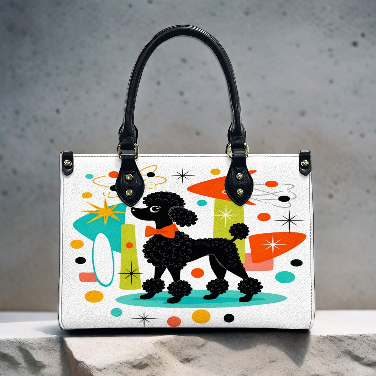 🐩 Atomic Poodle PU Tote Bag – Retro Statement Handbag