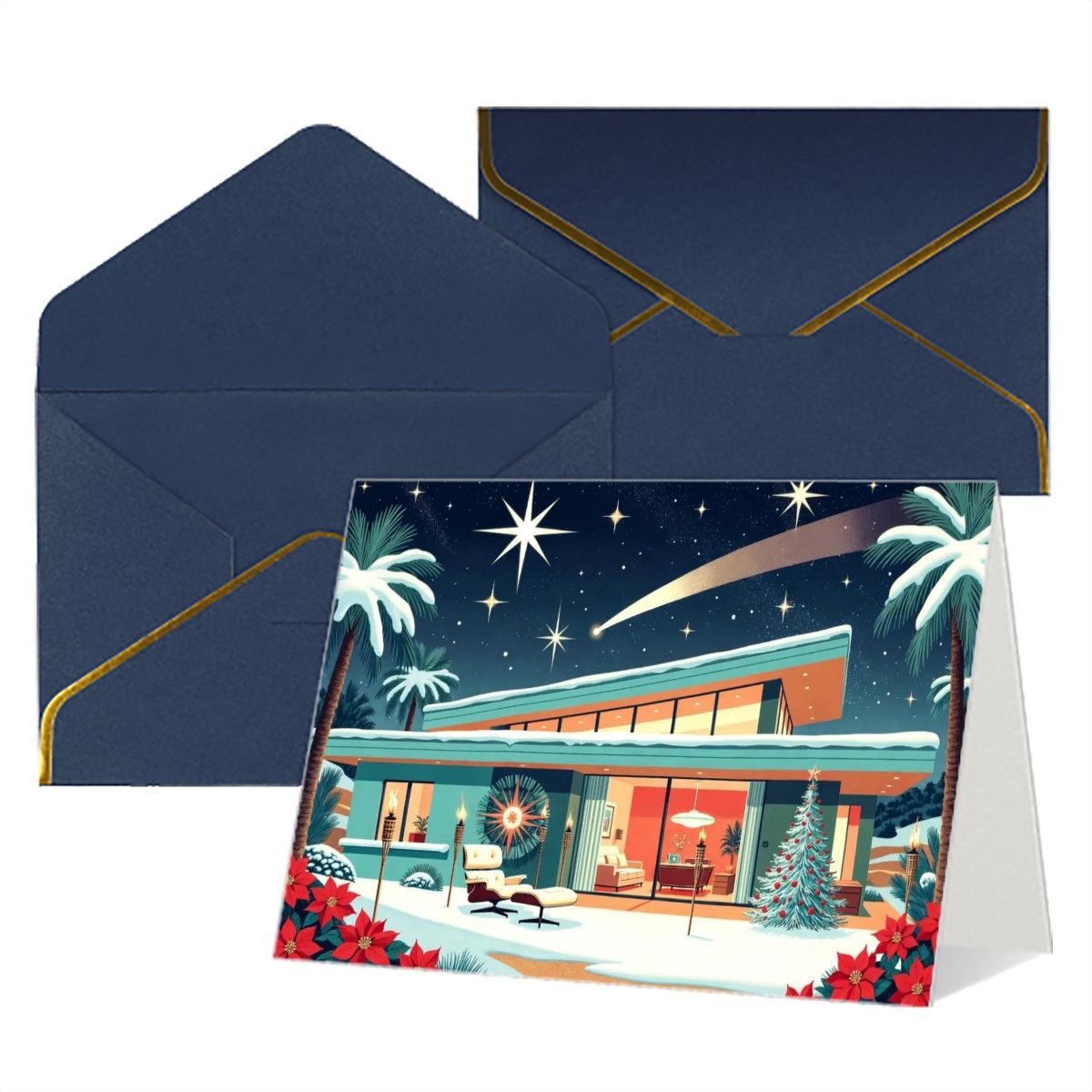 🏡 Atomic Kitsch Golden Edge Greeting Card – Mid-Century Palm Cabin Edition (Horizontal)