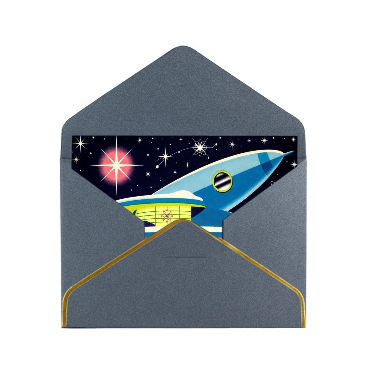 🚀 Atomic Kitsch Golden Edge Greeting Card – Rocket & Retro Building Edition (Horizontal)