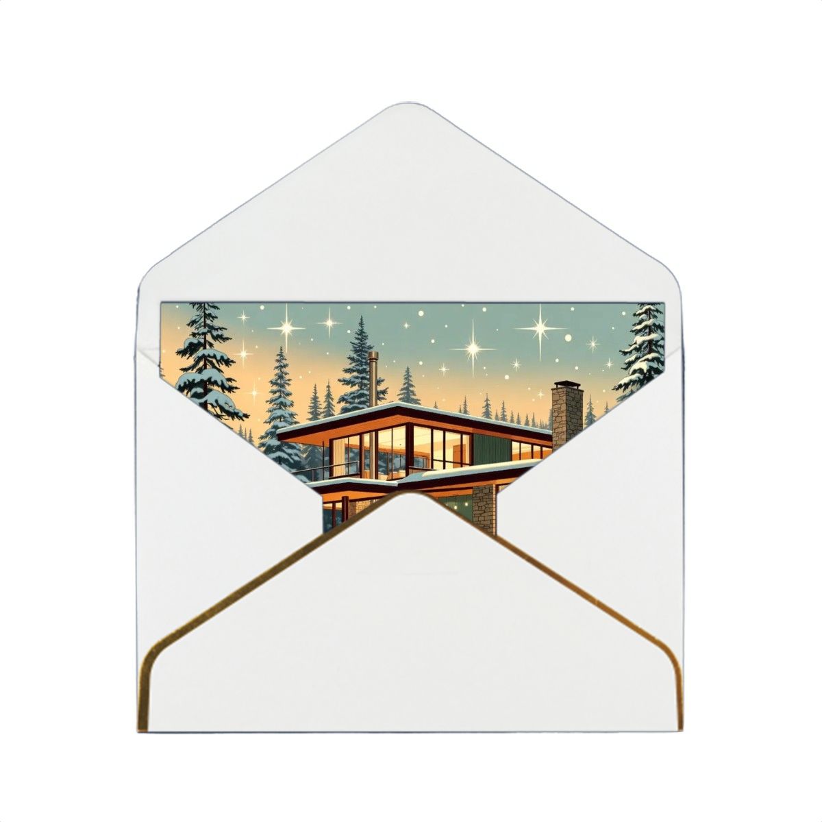 🌲 Atomic Kitsch Golden Edge Greeting Card – Cabin in the Snow Edition (Horizontal)