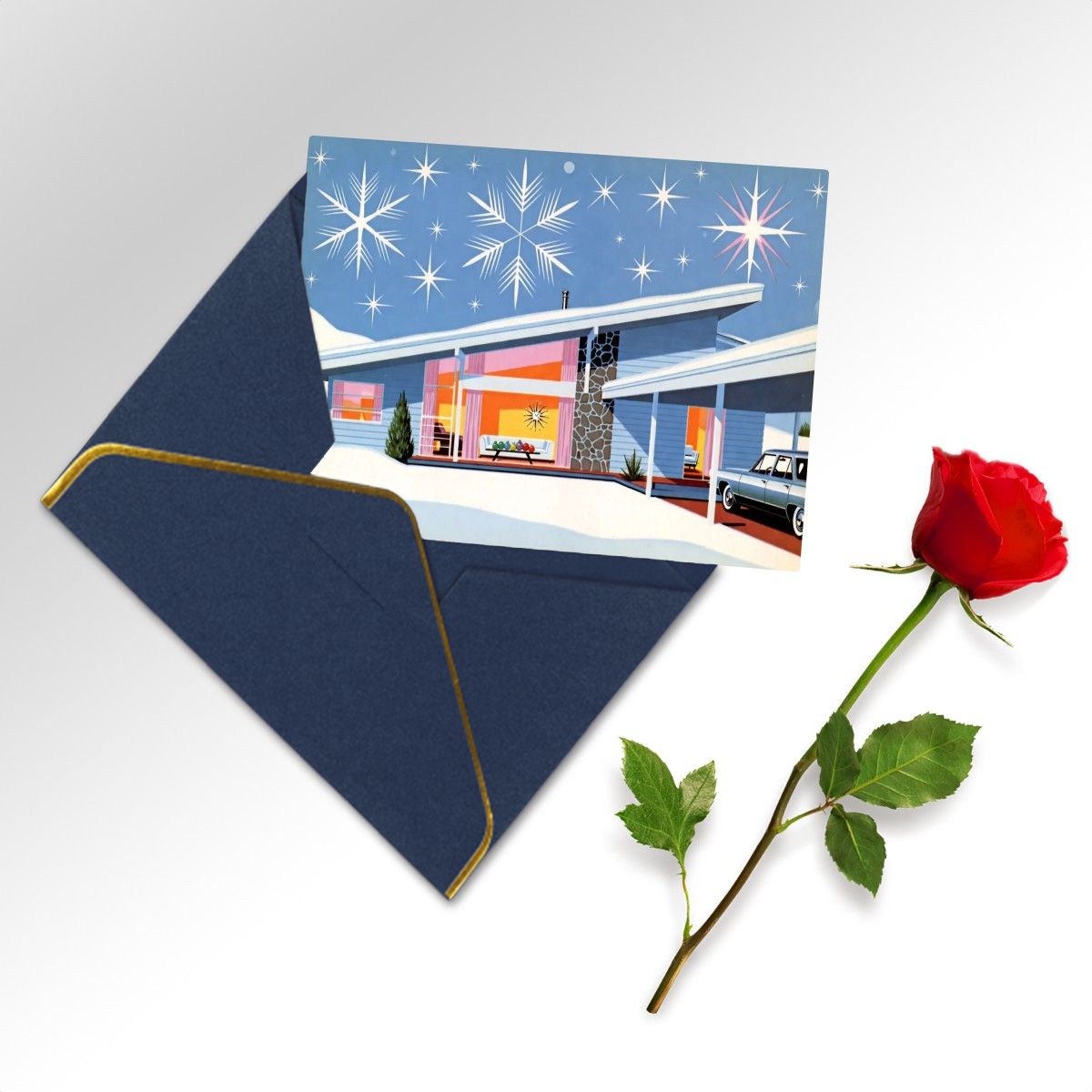 🎆 Atomic Kitsch Golden Edge Greeting Card – Fireworks &amp; Festive Lights Edition (Horizontal)