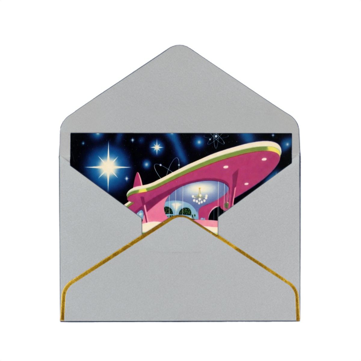👽 Atomic Kitsch Golden Edge Greeting Card – Alien Holiday Spacecraft Edition (Horizontal)