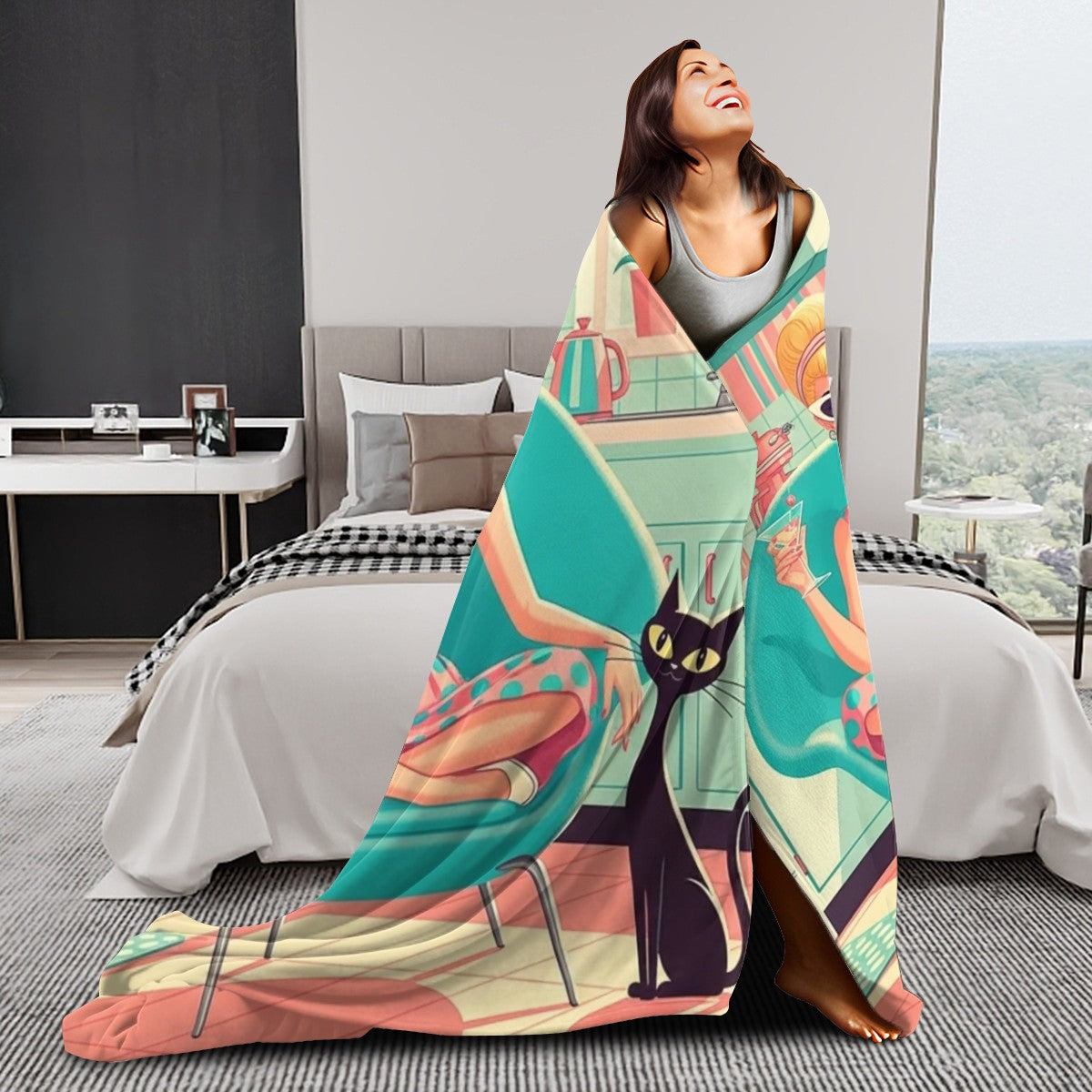 🛋️ Atomic Kitsch Flannel Throw Blanket – Retro Kitchen Queen Edition (Vertical)