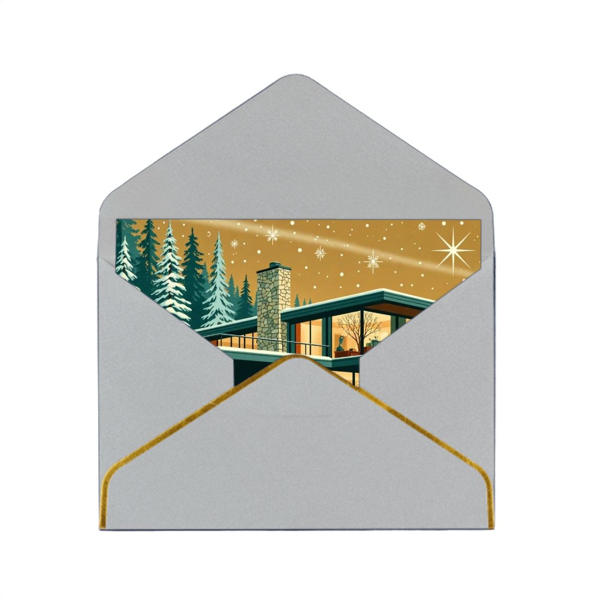 🏠 Atomic Kitsch Golden Edge Greeting Card – Modern Cabin in Snow Edition (Horizontal)