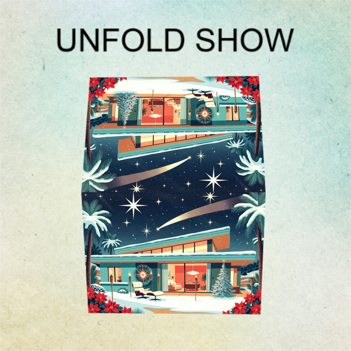 🏡 Atomic Kitsch Golden Edge Greeting Card – Mid-Century Palm Cabin Edition (Horizontal)