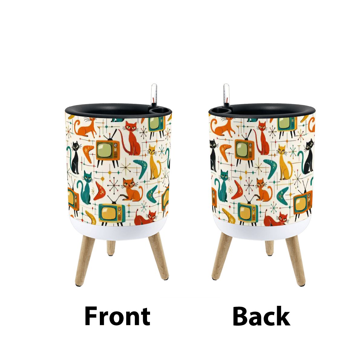 🌿 Atomic Kitsch Flower Pot with Legs – Retro Cats &amp; TV Planter
