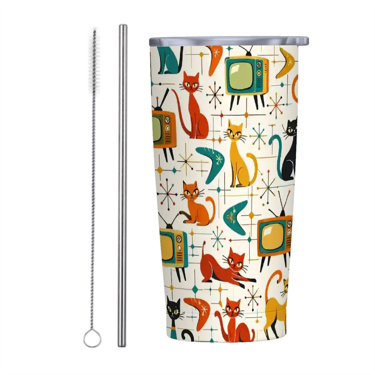 🥤 Atomic Kitsch Stainless Steel Tumbler – 20oz Retro Cat & TV Edition