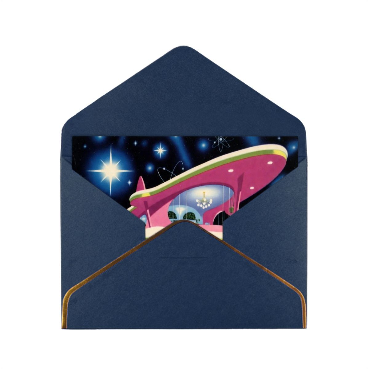 👽 Atomic Kitsch Golden Edge Greeting Card – Alien Holiday Spacecraft Edition (Horizontal)