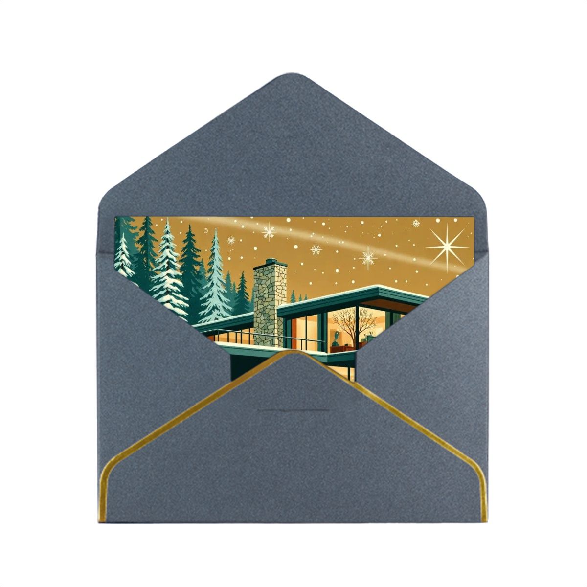🏠 Atomic Kitsch Golden Edge Greeting Card – Modern Cabin in Snow Edition (Horizontal)