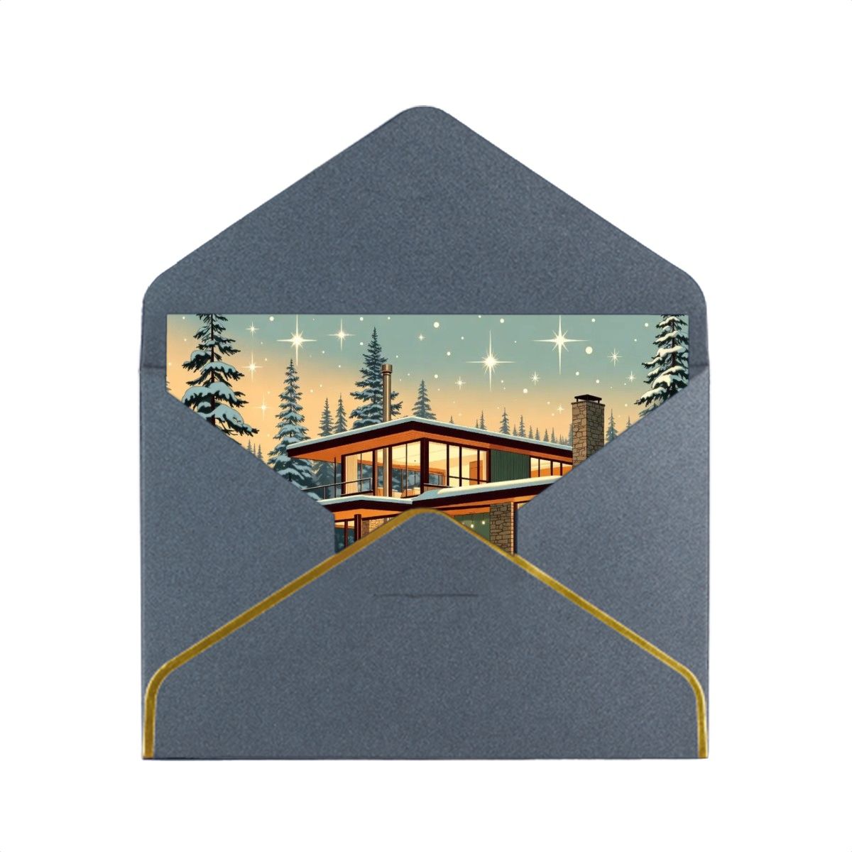 🌲 Atomic Kitsch Golden Edge Greeting Card – Cabin in the Snow Edition (Horizontal)