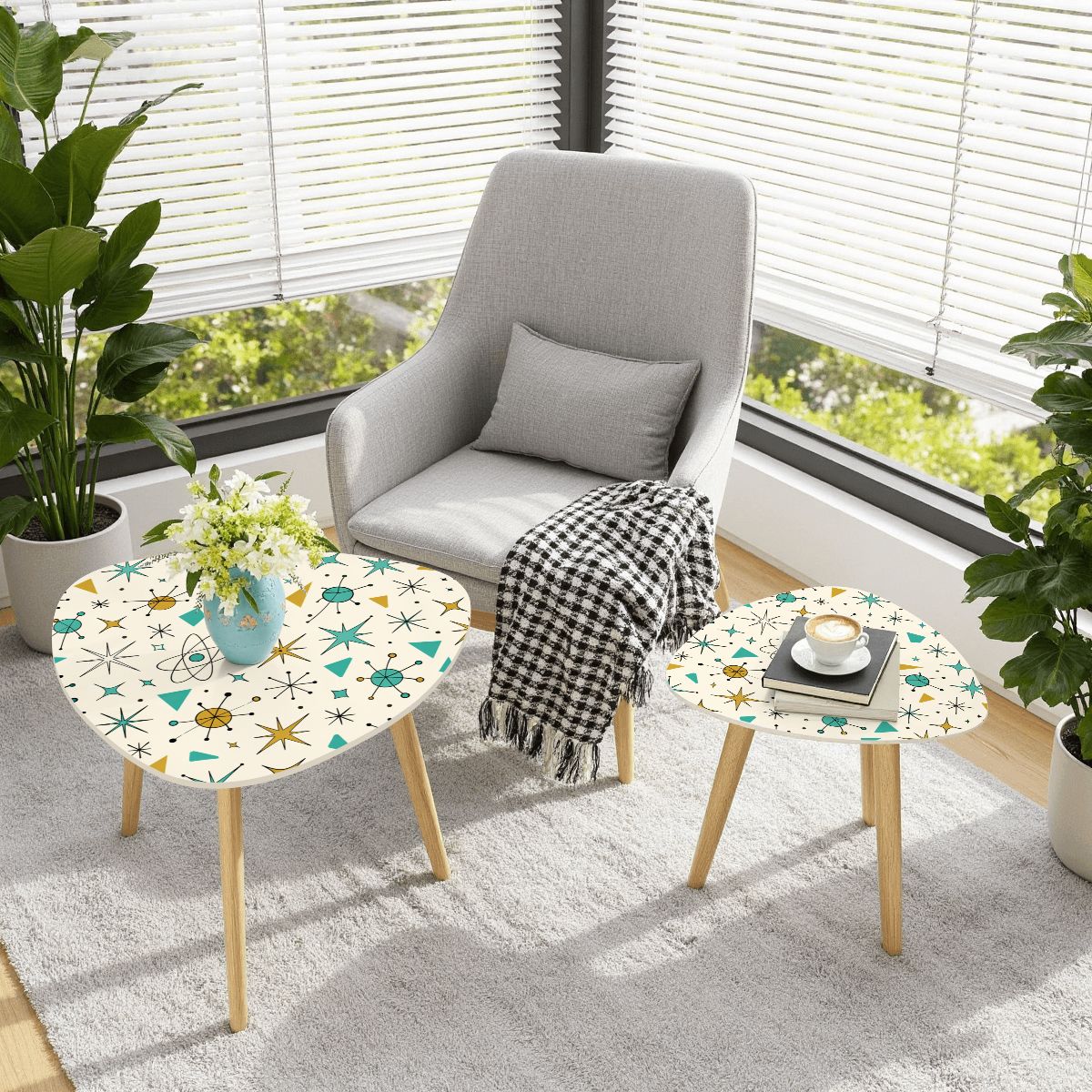 Atomic Kitsch Mid-Century Modern Triangle Nesting Coffee Table Set (2-Piece) | Atomic Starburst Side Tables (Made in USA)
