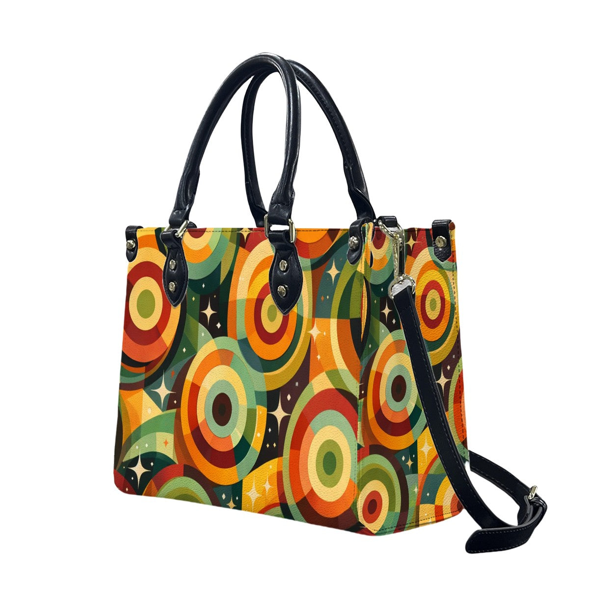 Retro Rings & Starbursts PU Tote Bag - Carry Your Kitsch in Style!