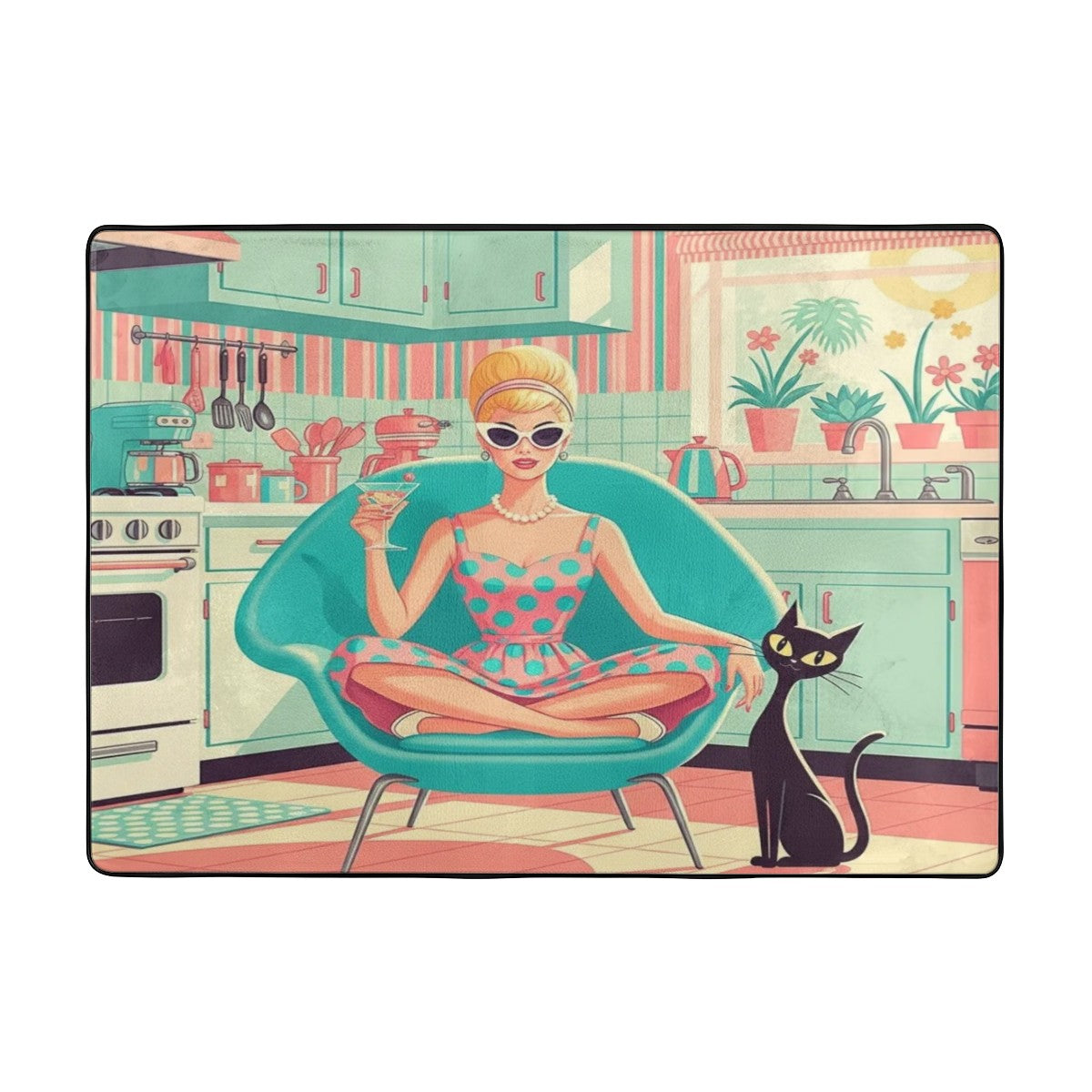 Atomic Age Oasis: Large Flannel Non-Slip Area Rug – Your Mid-Century Dreamscape!