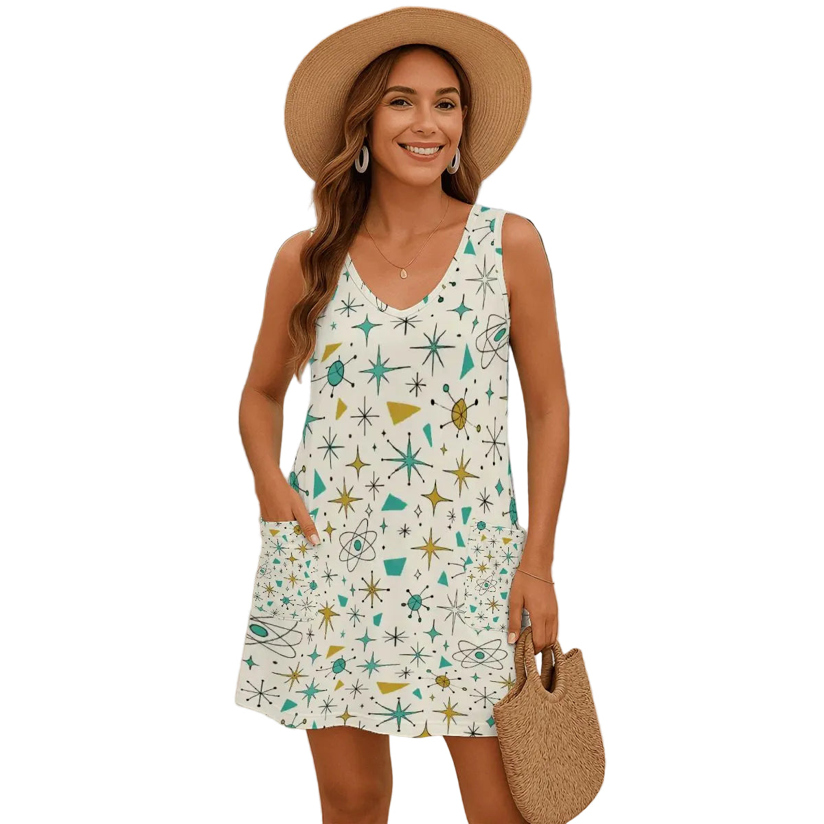 Women's Sleeveless Dress with Pockets – Starfish & Seashell Print