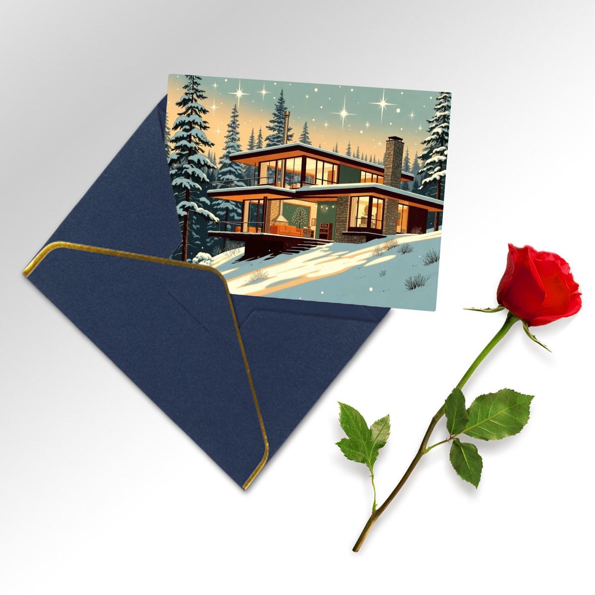 🌲 Atomic Kitsch Golden Edge Greeting Card – Cabin in the Snow Edition (Horizontal)