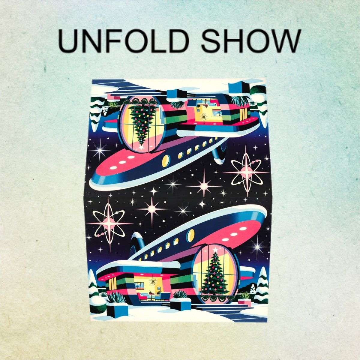 🚀 Atomic Kitsch Golden Edge Greeting Card – Spaceport Christmas Edition (Horizontal)