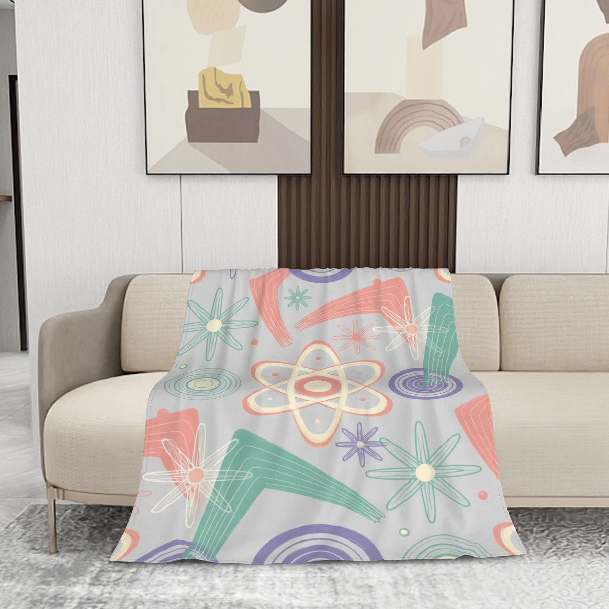 🧪 Atomic Kitsch Flannel Throw Blanket – Pastel Atom & Geometry Edition
