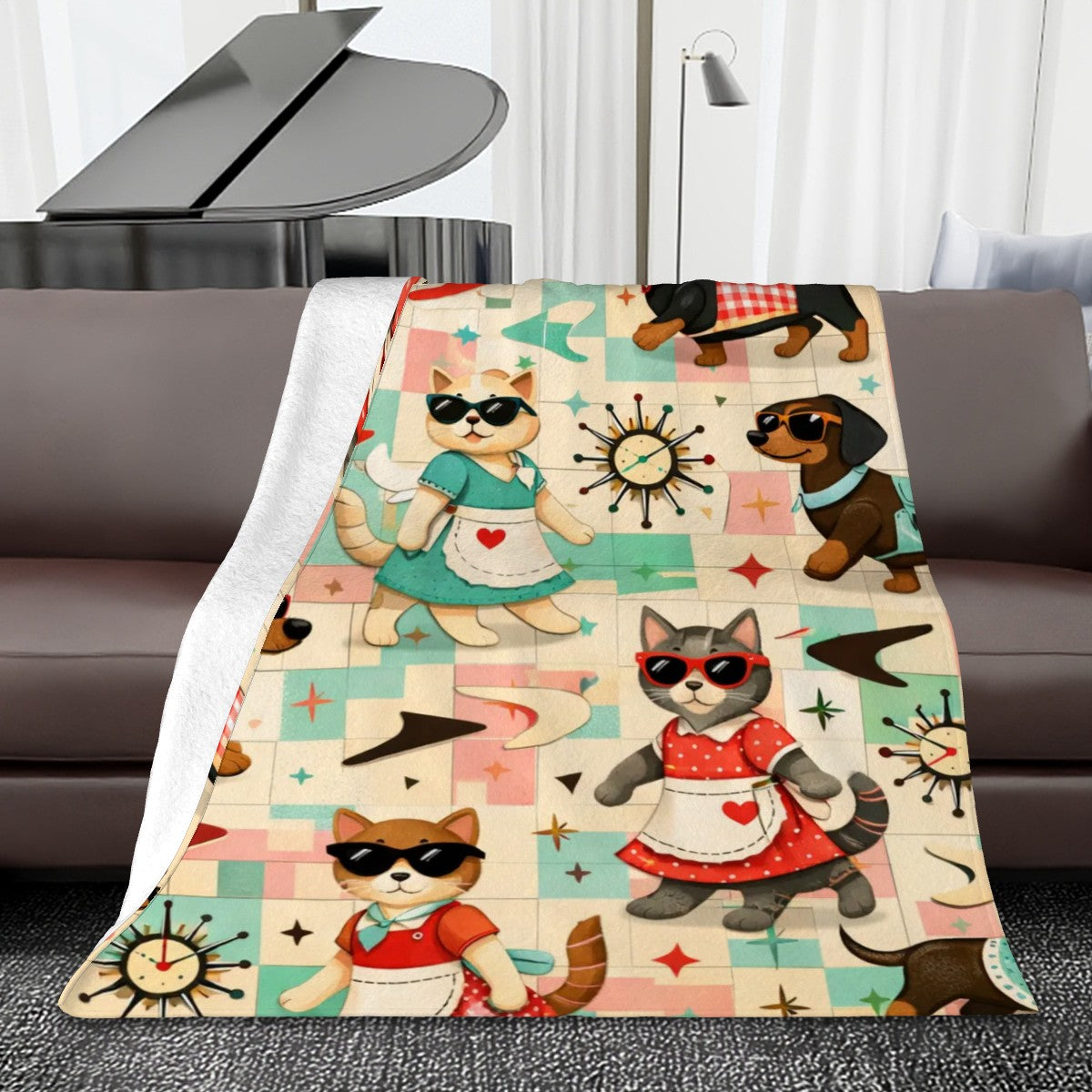 🐾 Atomic Kitsch Flannel Throw Blanket – Nautical Cats & Dogs Edition
