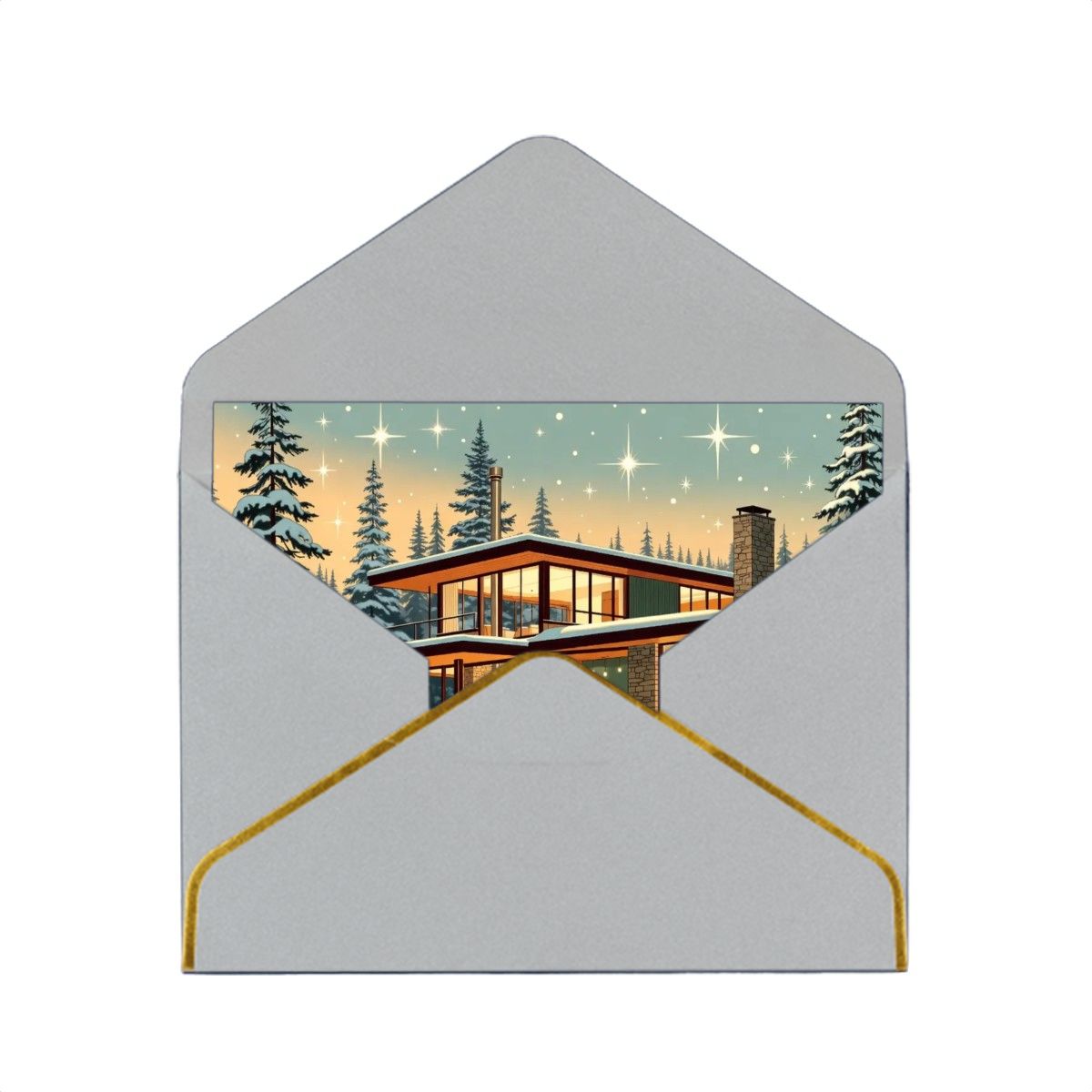 🌲 Atomic Kitsch Golden Edge Greeting Card – Cabin in the Snow Edition (Horizontal)