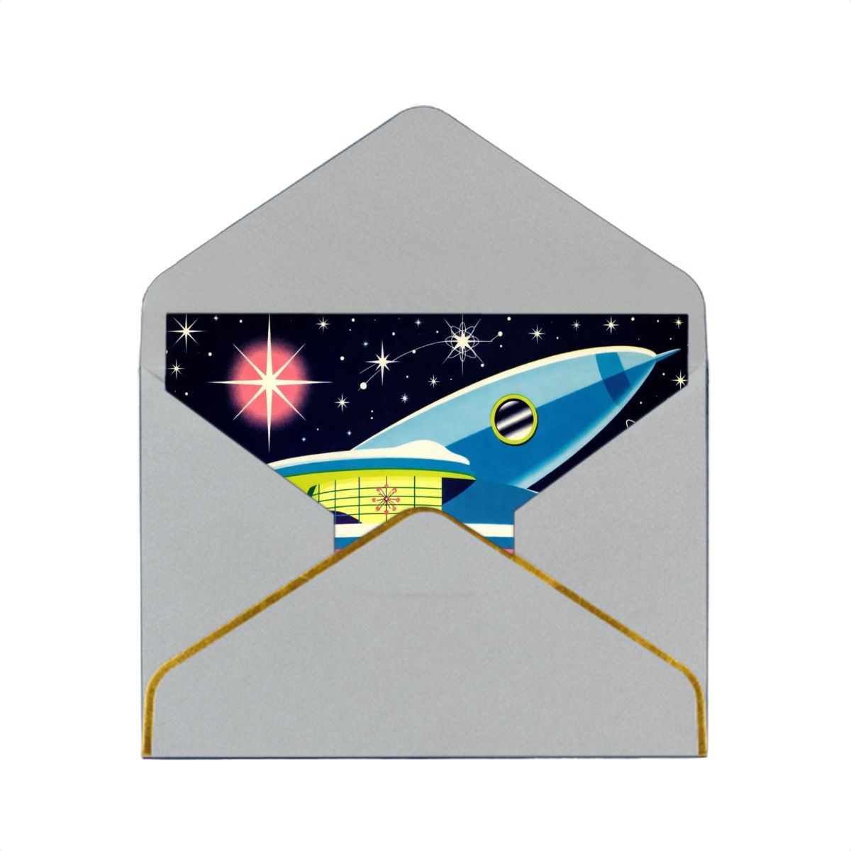 🚀 Atomic Kitsch Golden Edge Greeting Card – Rocket & Retro Building Edition (Horizontal)