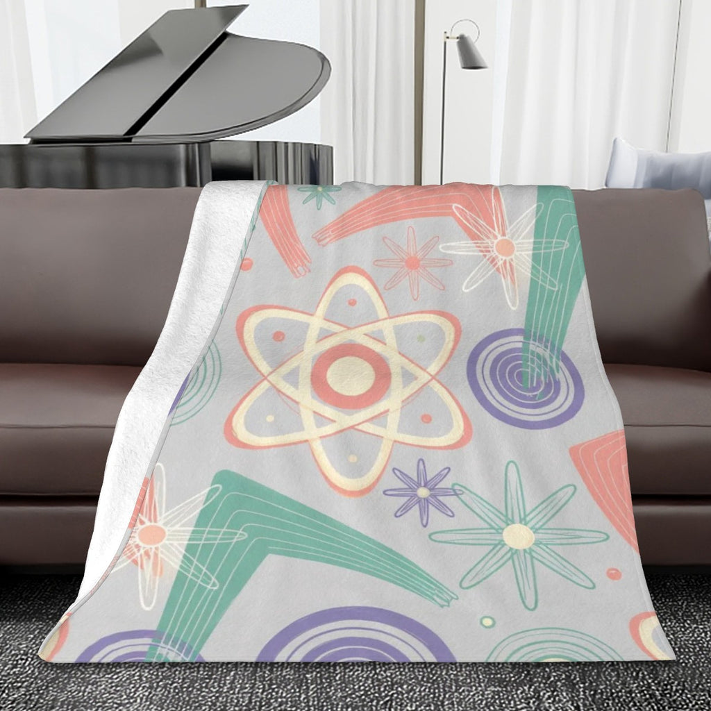 🧪 Atomic Kitsch Flannel Throw Blanket – Pastel Atom & Geometry Edition