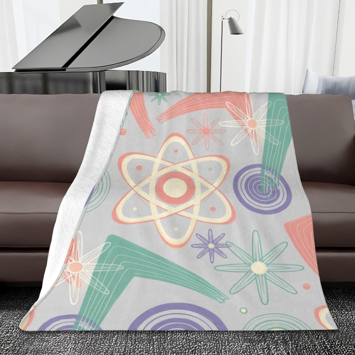 🧪 Atomic Kitsch Flannel Throw Blanket – Pastel Atom & Geometry Edition