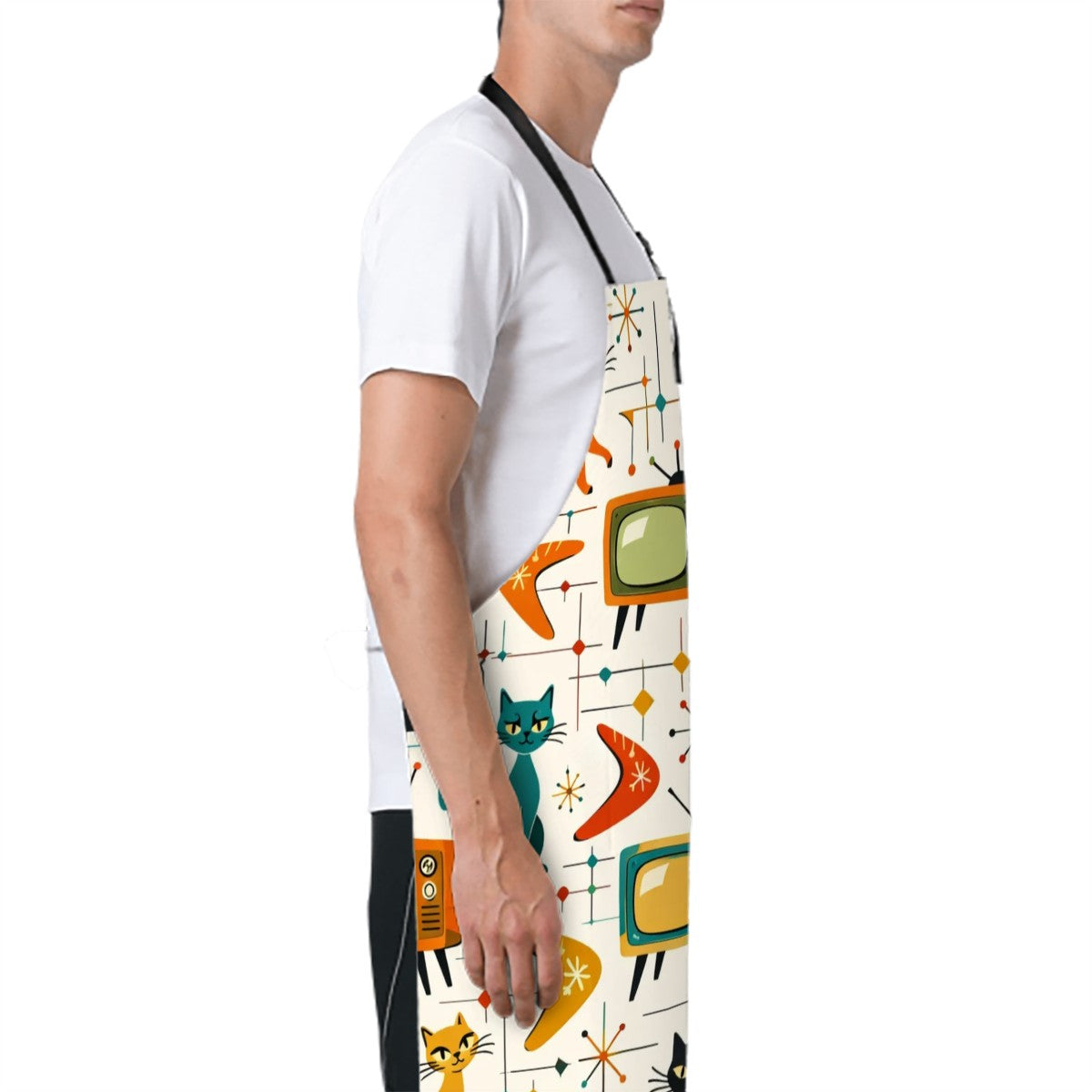 🎸 Atomic Kitsch Waterproof Apron – Retro Cats, TVs &amp; Guitars Edition
