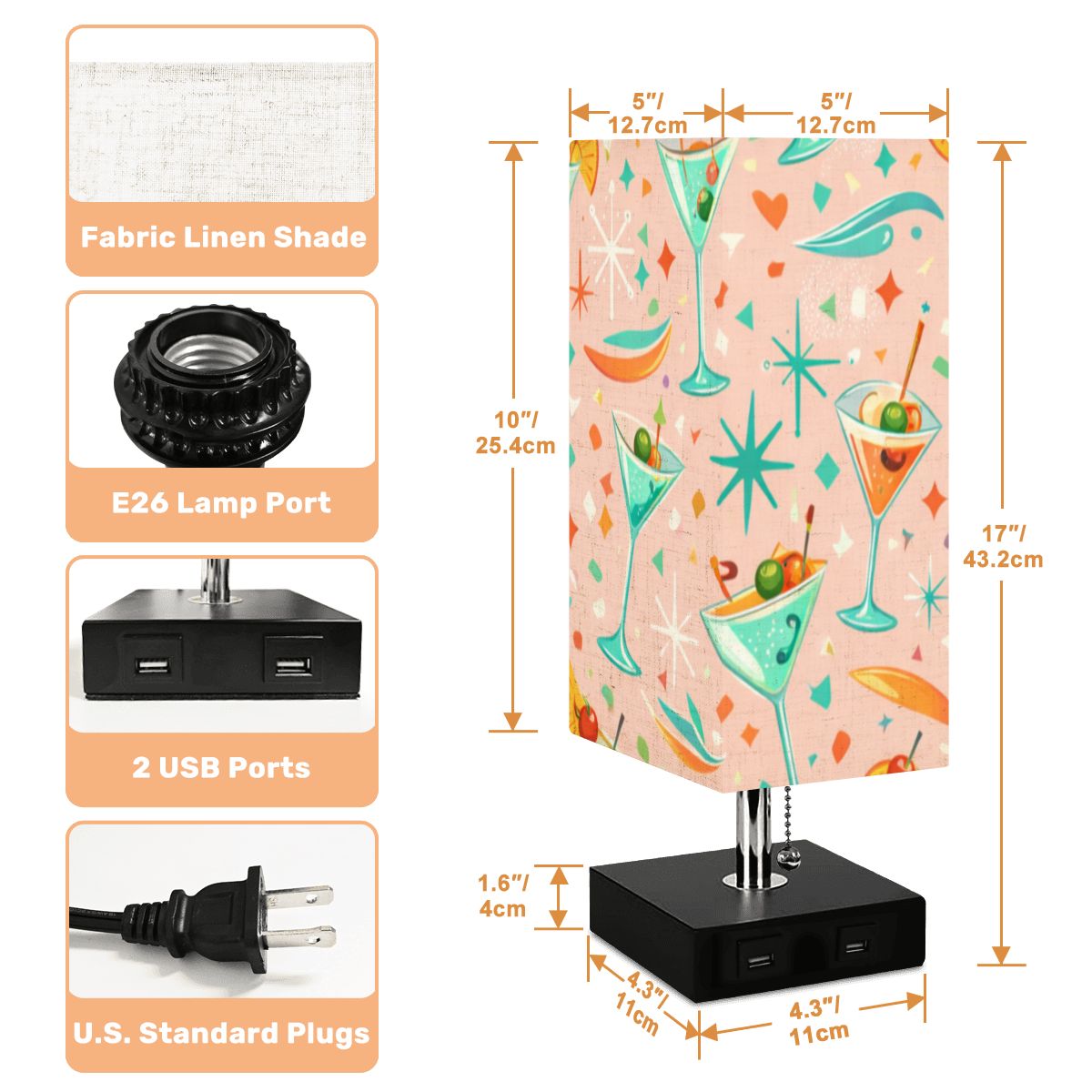 🔌 Atomic Kitsch Square Table Lamp – Starburst USB Edition (No Trim)