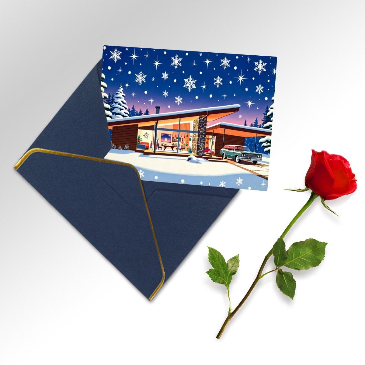 🏡 Atomic Kitsch Golden Edge Greeting Card – Snowy Modern House Edition (Horizontal)