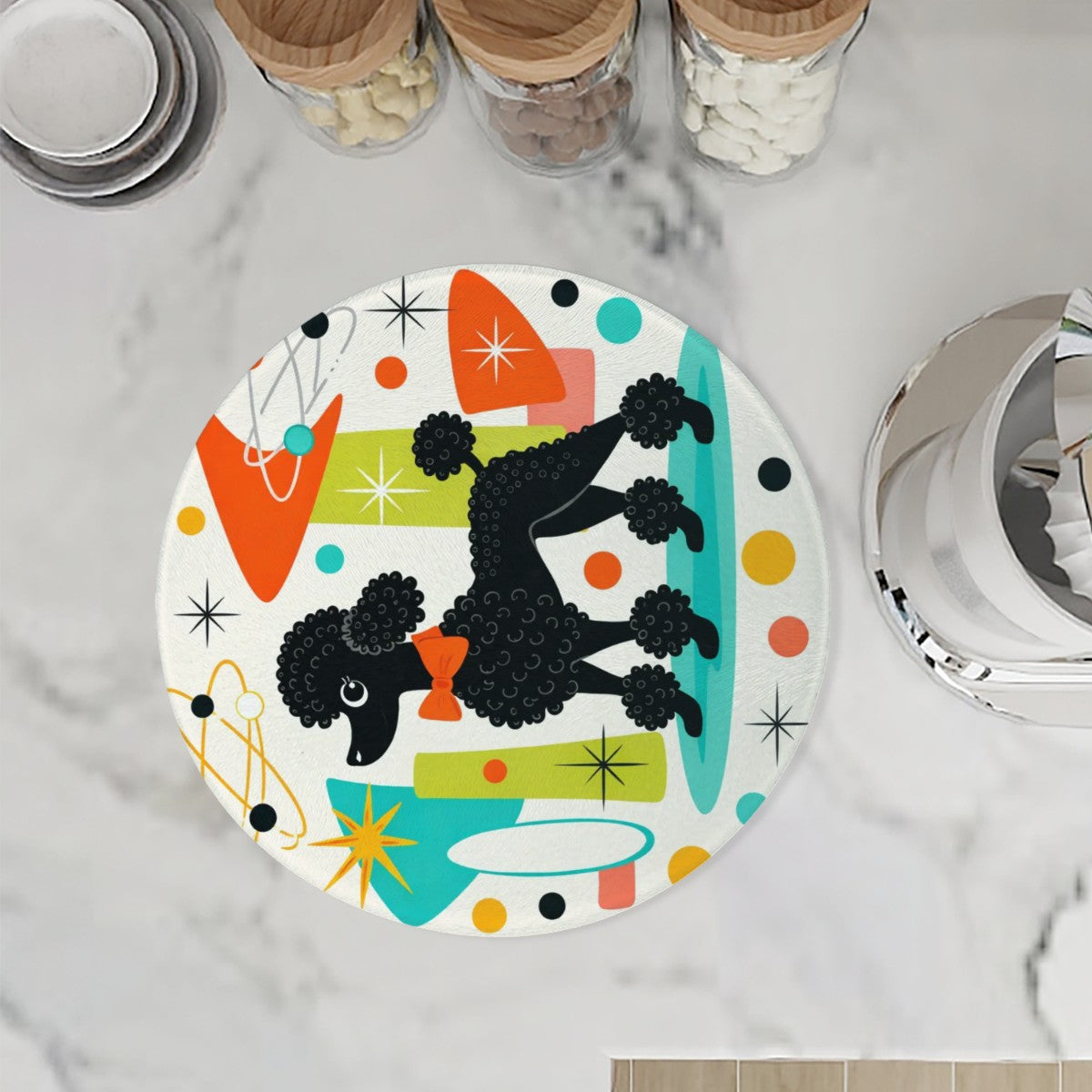 Atomic Poodle Zing! Round Tempered Glass Cutting Board – Kitsch & Chic!