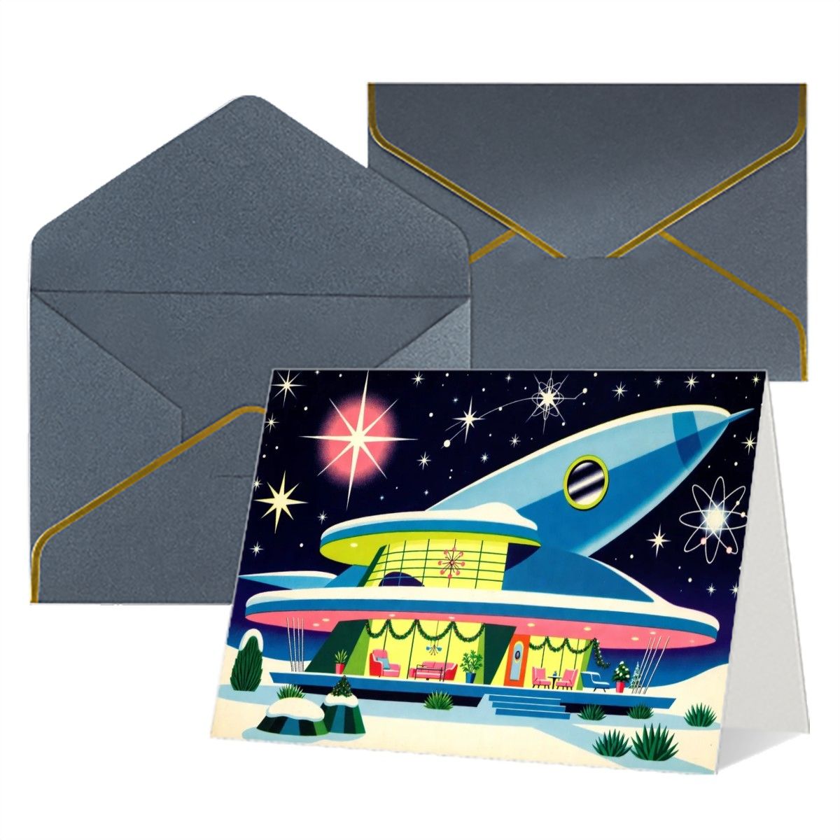 🚀 Atomic Kitsch Golden Edge Greeting Card – Rocket & Retro Building Edition (Horizontal)