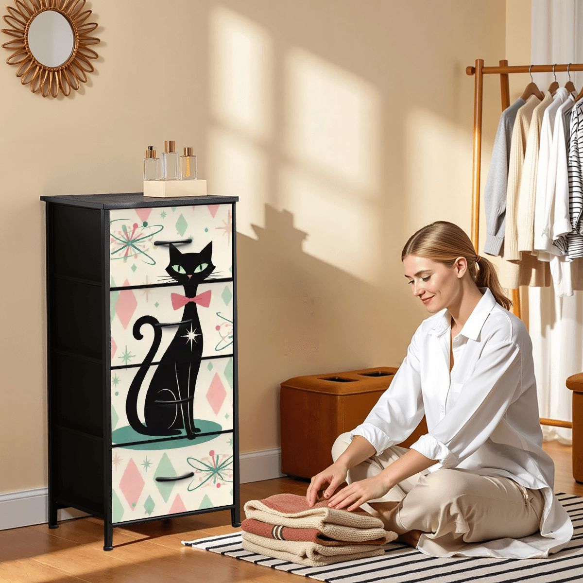 🐾 Atomic Cat 4-Drawer Dresser – MCM Storage with Faux-Leather Finish