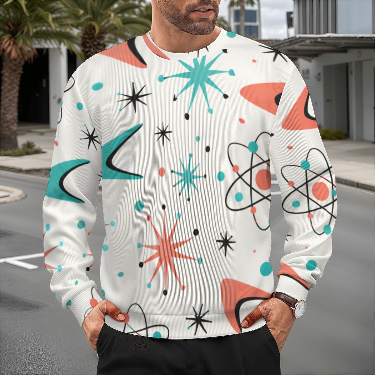 Retro Atomic Burst Oversized Pullover Sweater - Mid-Century Modern Vibes!