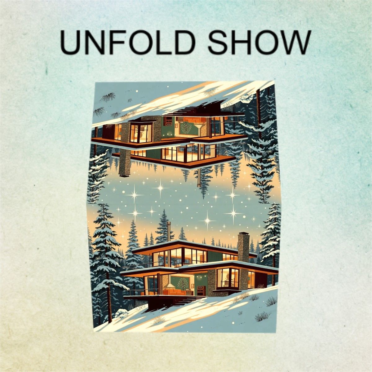 🌲 Atomic Kitsch Golden Edge Greeting Card – Cabin in the Snow Edition (Horizontal)