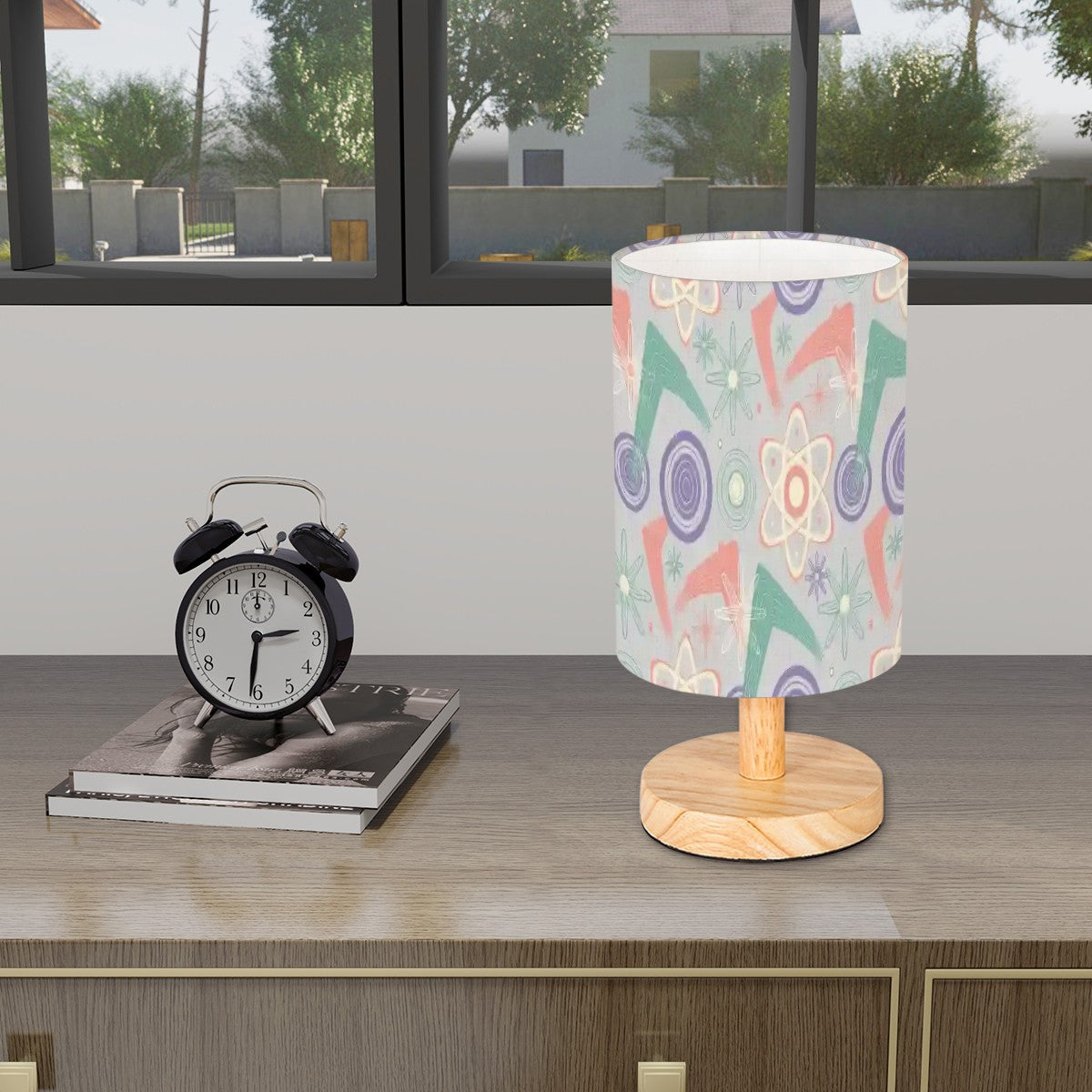 💡 Atomic Kitsch Cylindrical Table Lamp – Pastel Abstract Edition