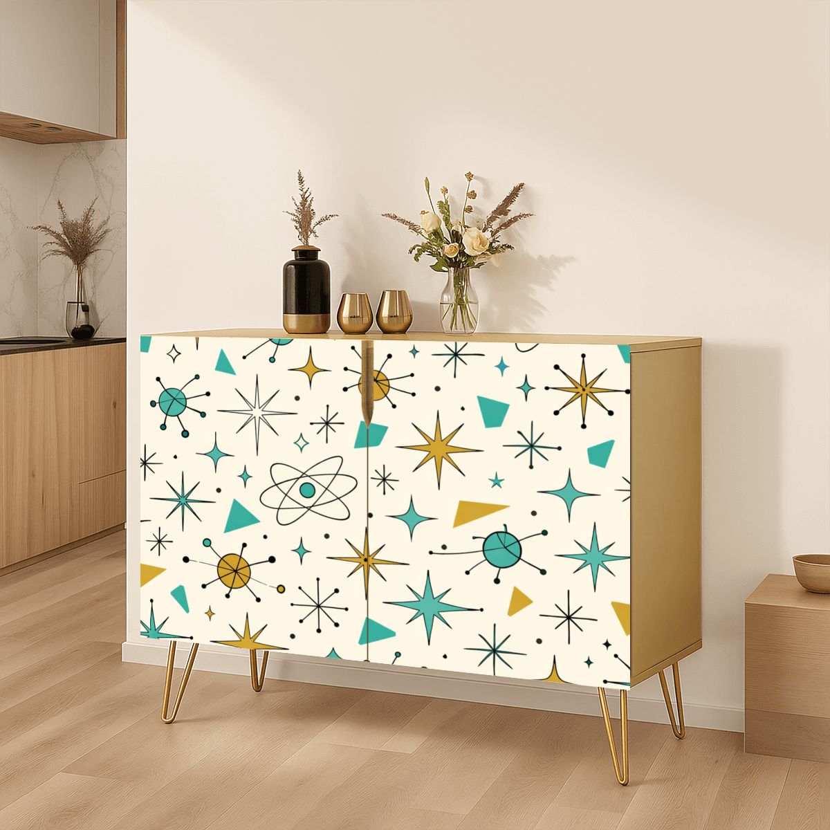 Atomic Starburst Mid-Century Modern Wooden Storage Cabinet - Kitsch &amp; Chic! 🚀
