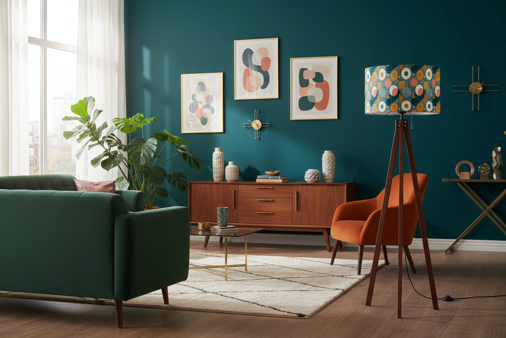 Cosmic Orbit Geometric Tripod Floor Lamp | Dark Teal & Peach | Made in USA