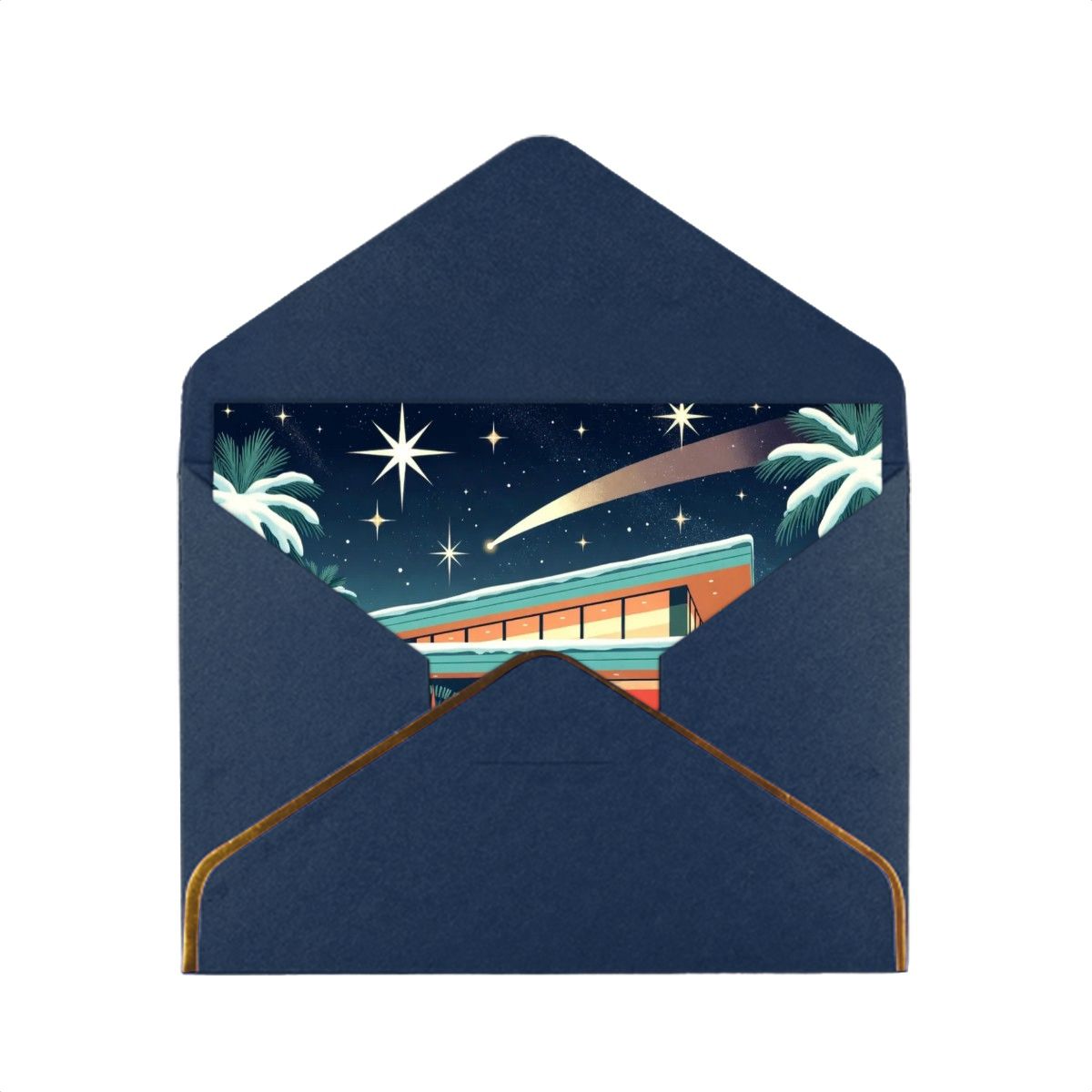 🏡 Atomic Kitsch Golden Edge Greeting Card – Mid-Century Palm Cabin Edition (Horizontal)