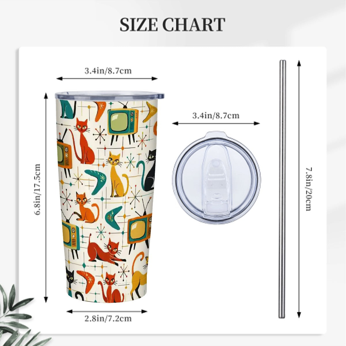 🥤 Atomic Kitsch Stainless Steel Tumbler – 20oz Retro Cat & TV Edition