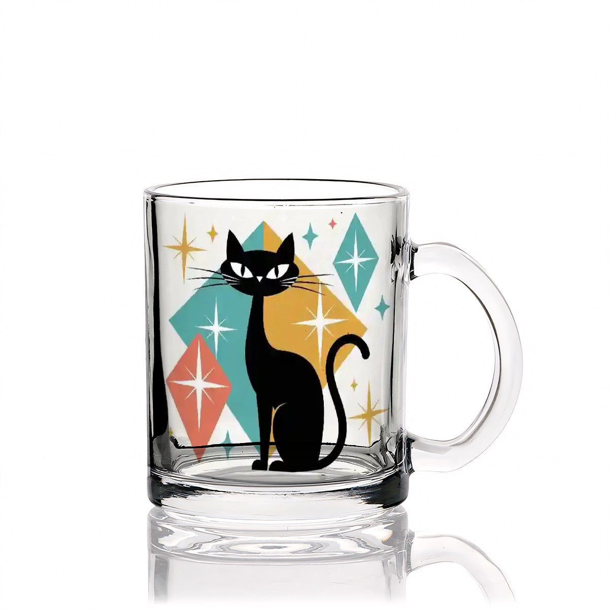 ☕ Atomic Kitsch Glass Coffee Cup – 12oz Black Cat & Starburst Edition
