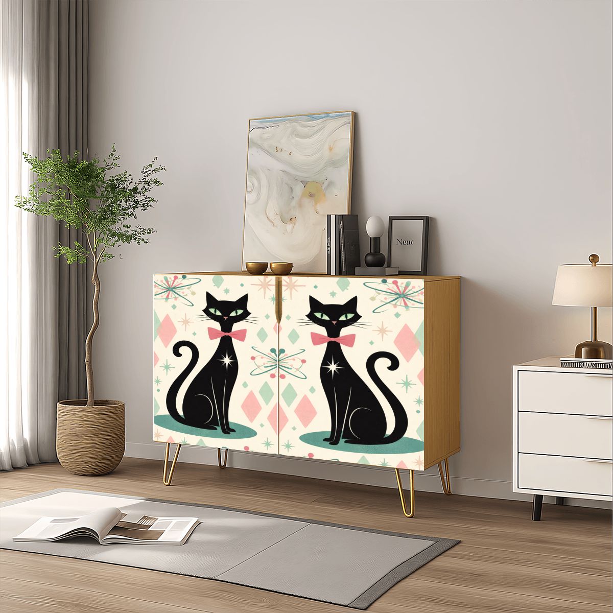 🐾 Atomic Cat Wooden Storage Cabinet – MCM Starburst Edition (Made in USA)