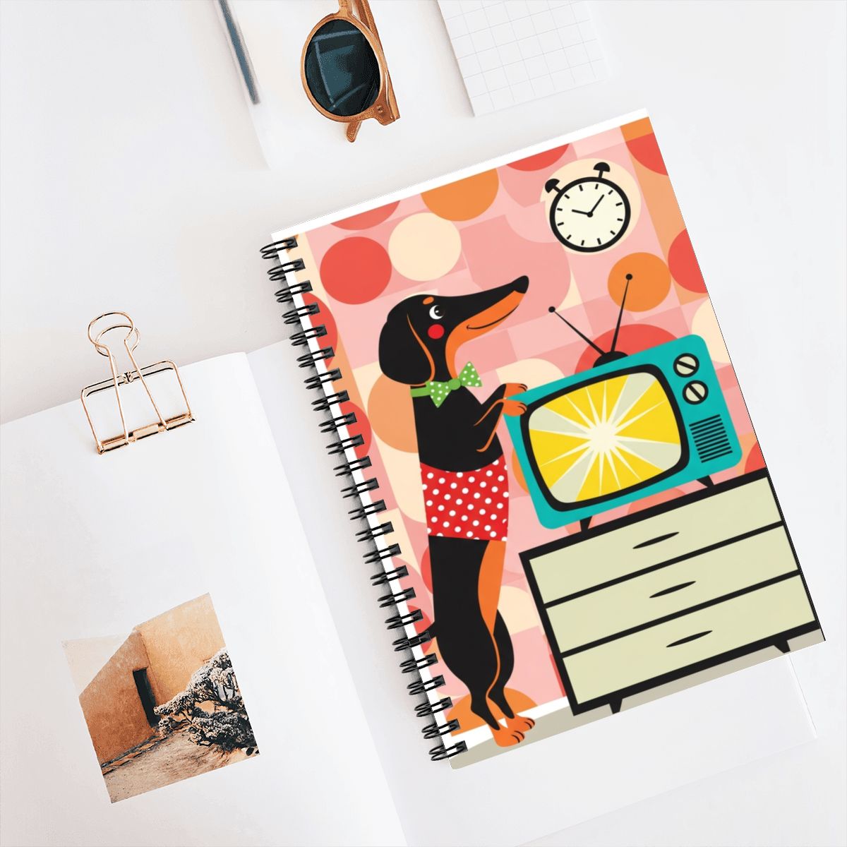 📓 Atomic Kitsch Spiral Notebook – Dachshund TV Diva Edition