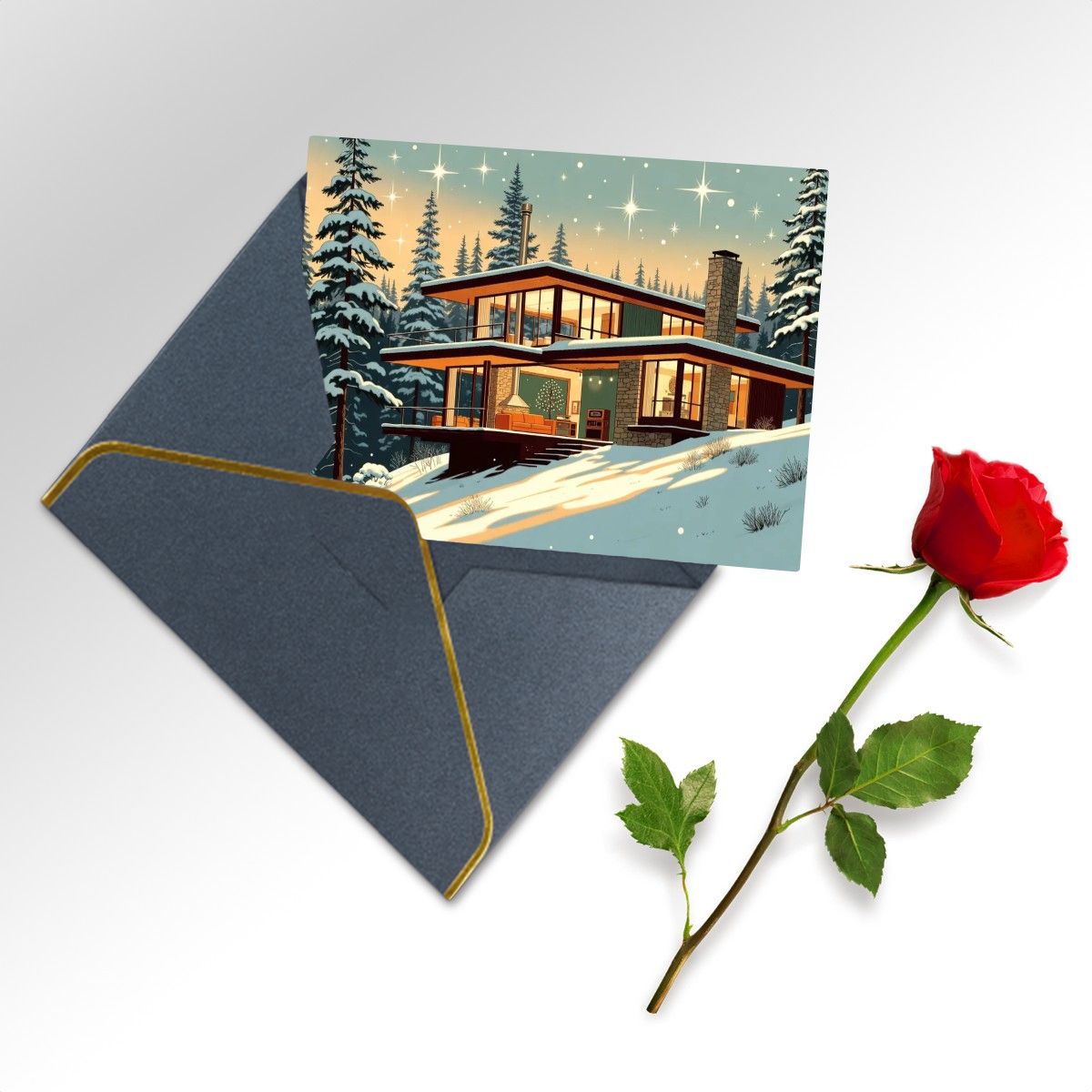 🌲 Atomic Kitsch Golden Edge Greeting Card – Cabin in the Snow Edition (Horizontal)