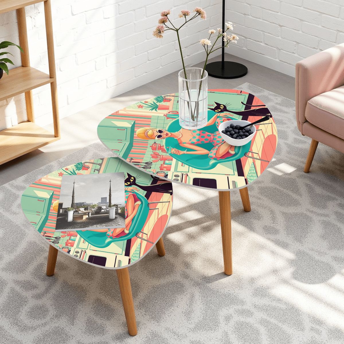 🎹 Atomic Lounge Triangle Coffee Table Set – MCM Nesting Duo (Made in USA)