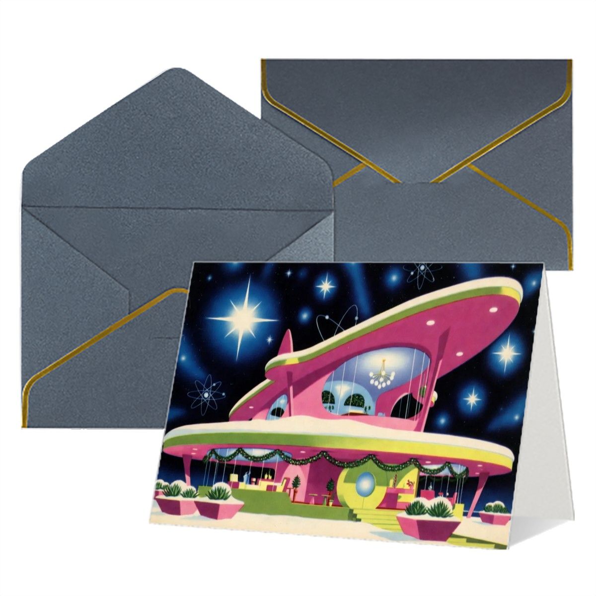 👽 Atomic Kitsch Golden Edge Greeting Card – Alien Holiday Spacecraft Edition (Horizontal)