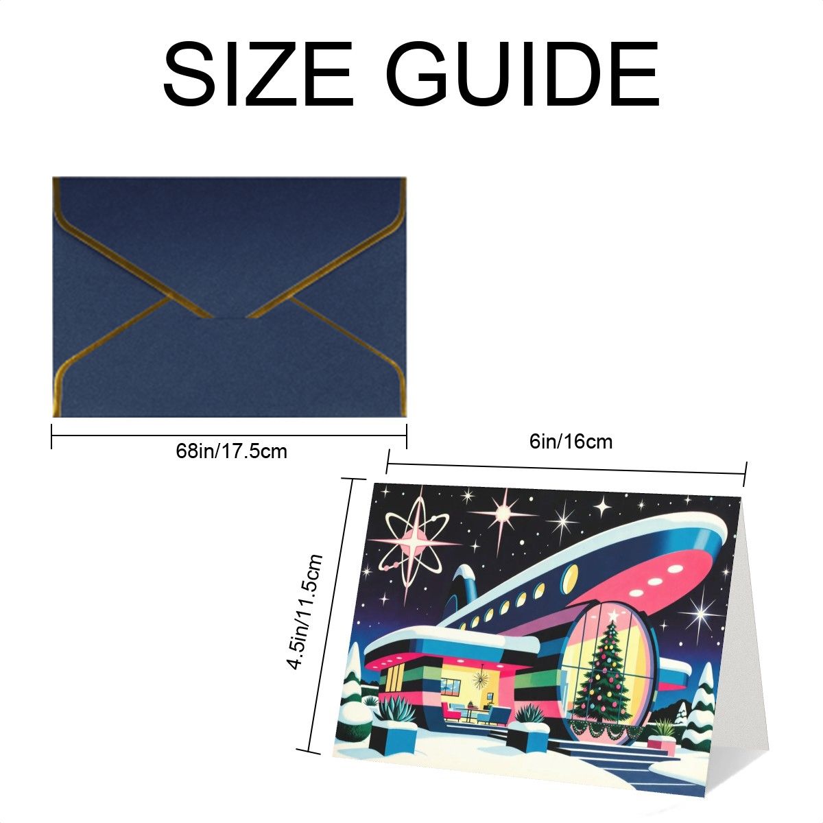 🚀 Atomic Kitsch Golden Edge Greeting Card – Spaceport Christmas Edition (Horizontal)