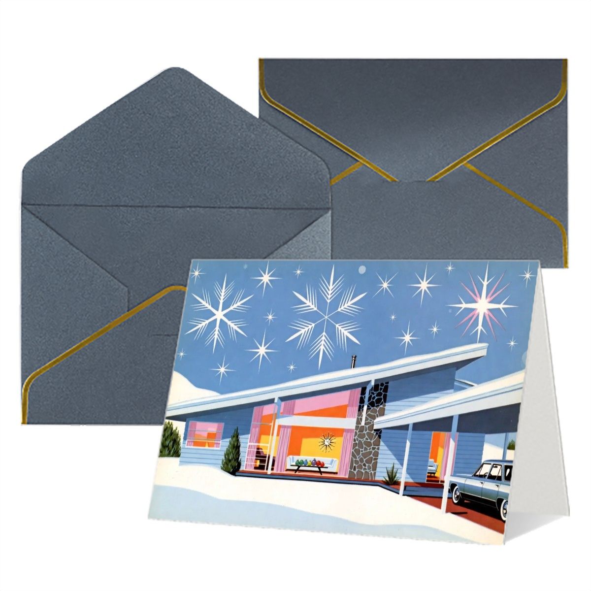 🎆 Atomic Kitsch Golden Edge Greeting Card – Fireworks &amp; Festive Lights Edition (Horizontal)