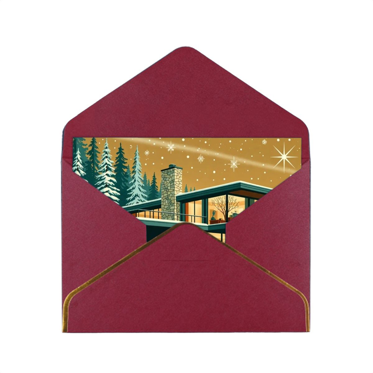 🏠 Atomic Kitsch Golden Edge Greeting Card – Modern Cabin in Snow Edition (Horizontal)