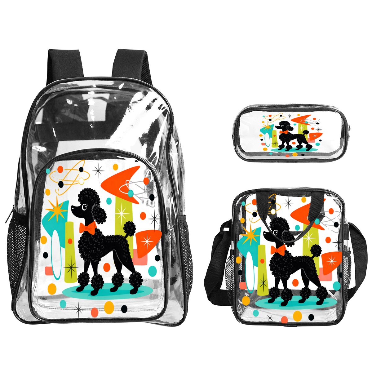 🐩 Atomic Poodle Clear Backpack Set of 3 – Backpack, Lunch Bag & Pencil Case