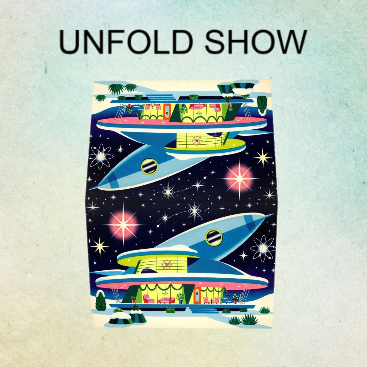 🚀 Atomic Kitsch Golden Edge Greeting Card – Rocket & Retro Building Edition (Horizontal)